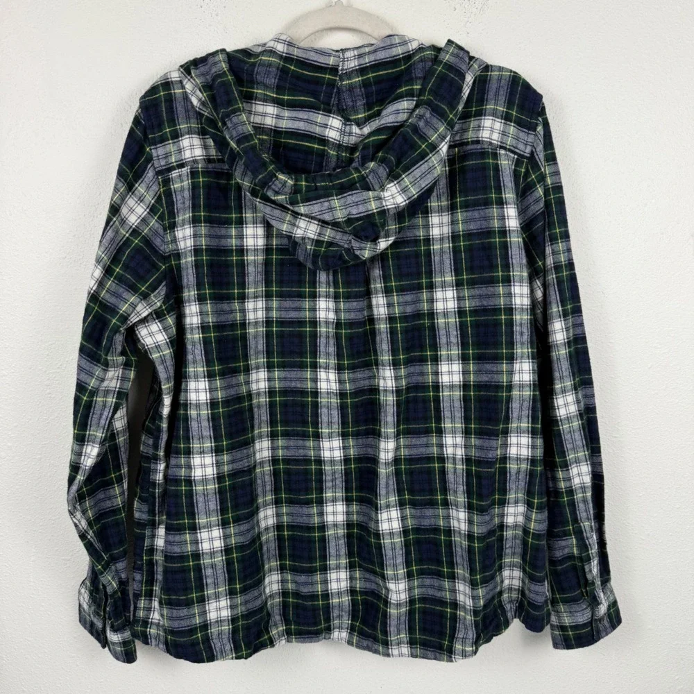 LL Bean Mens XL Green Blue Plaid Full Zip Flannel Hoodie Relaxed Fit Shacket